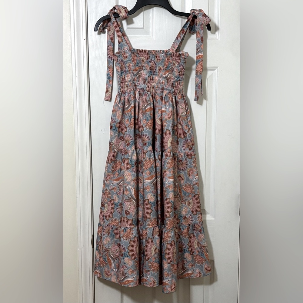 Floral Smocked Midi Dress with Tie Straps